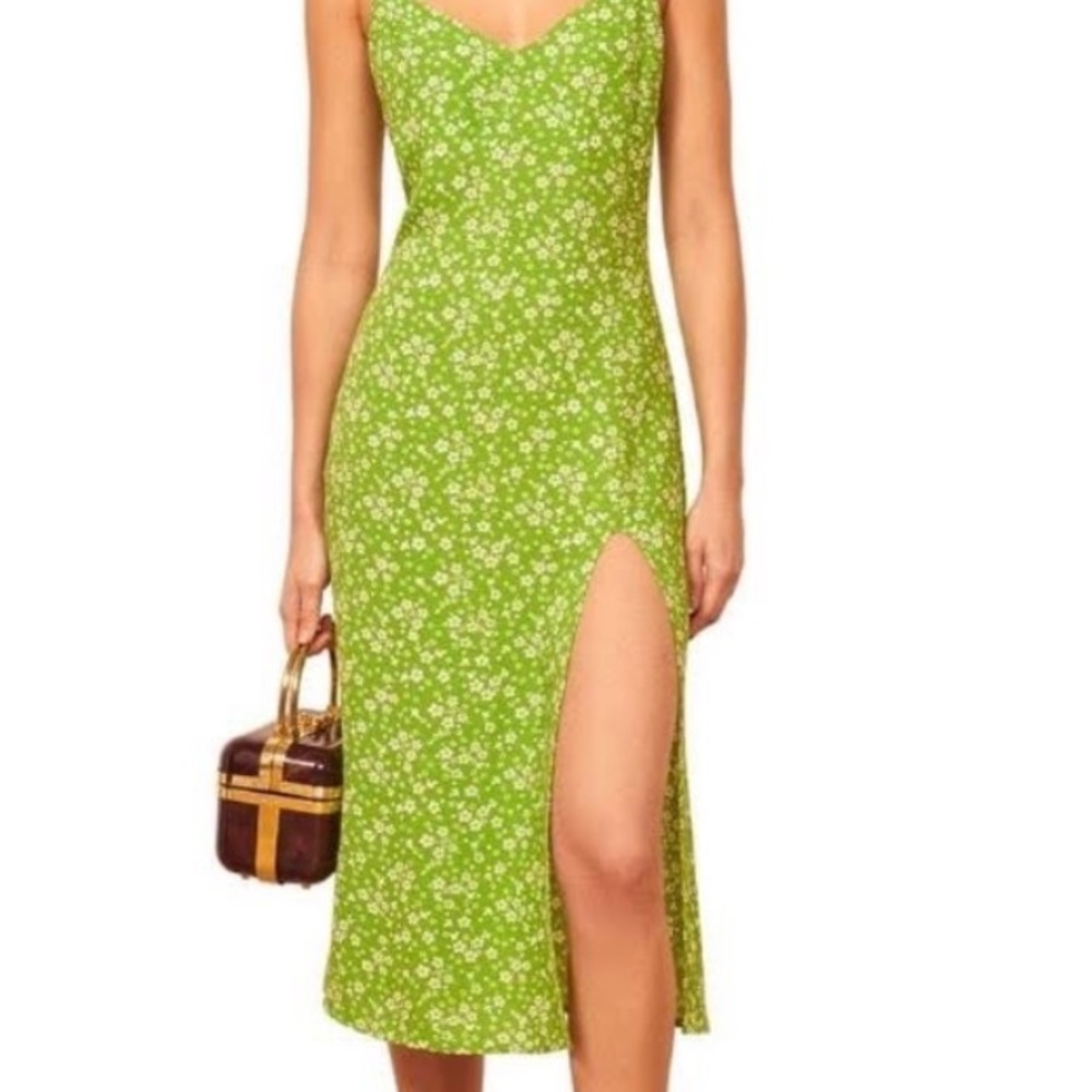 Reformation Halsten Midi Slip dress Woman’s Green & White Size 0